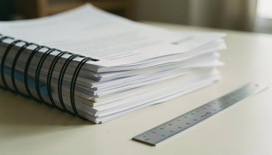 A stack of printed reports bound with black plastic spirals, edges uneven, on a pale desk beside a metal ruler