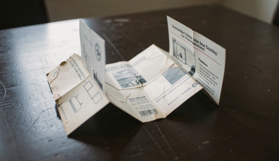 A paper leaflet opened out concertina fashion on a dark table, its folds worn and the grain of the paper raised in low light