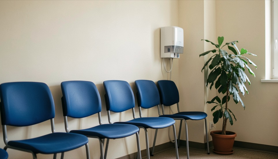 An empty waiting room with blue chairs lined against a cream wall, a wall mounted gel dispenser and a potted plant in the corner