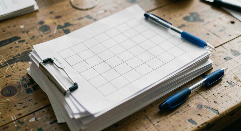 A stapled bundle of six printed forms on a worn wooden table, the top page ruled into a grid of empty boxes, a blue ballpoint pen lying across the corner