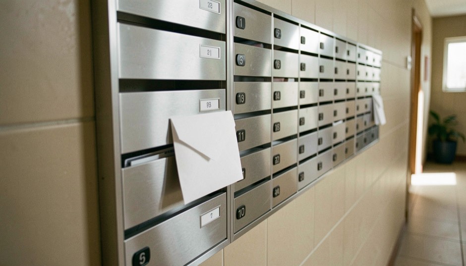 A brushed aluminium wall of numbered letter boxes in a beige tiled hallway, one white envelope standing out of its flap