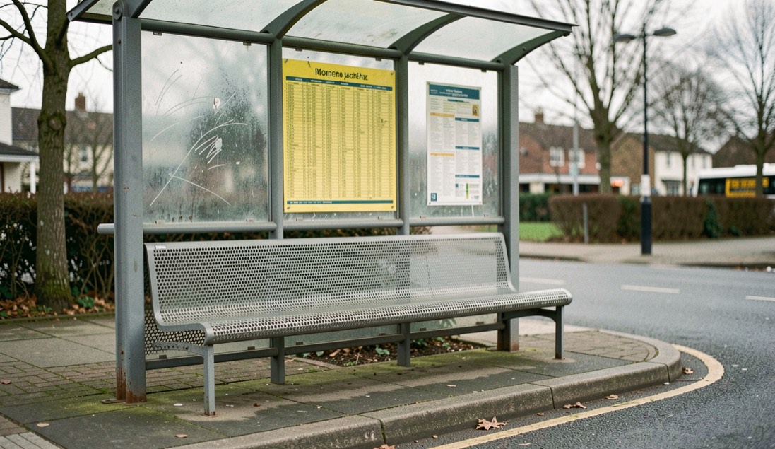 A glazed bus shelter with a perforated metal bench, a yellowed timetable behind scratched glass and a dropped kerb