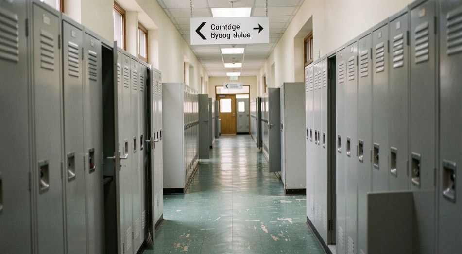 A college corridor of half open grey lockers, a white overhead direction sign and worn green linoleum down the middle