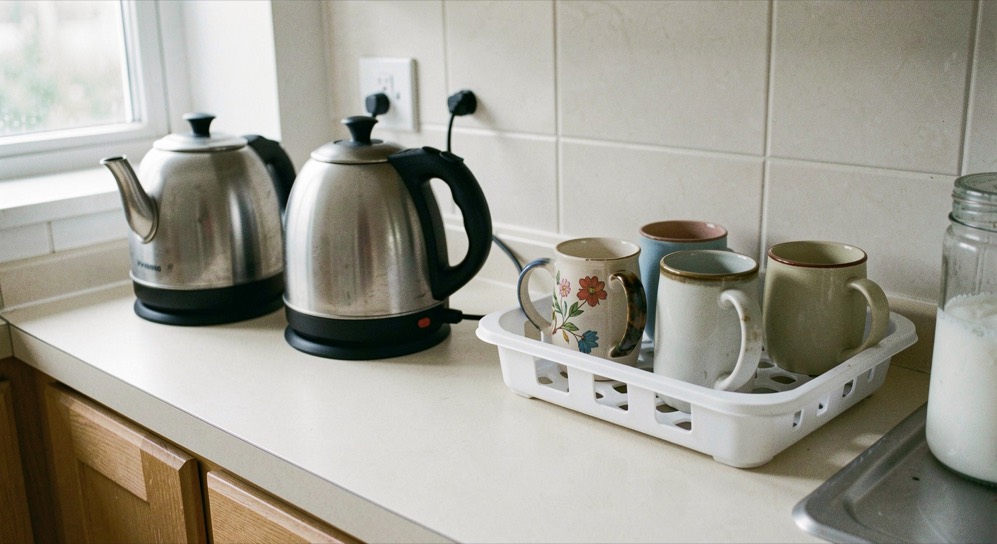 A shared kitchen with two kettles on a pale laminate worktop and four mismatched mugs on a white plastic draining rack